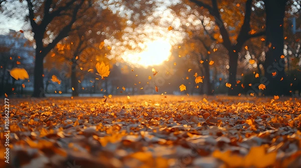 Fototapeta Orange fall leaves in park, autumn natural background