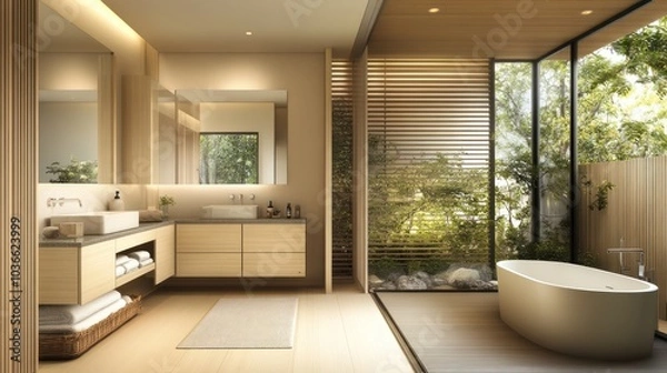 Fototapeta Modern bathroom with a freestanding bathtub, wooden cabinets, and a large window overlooking a lush garden.