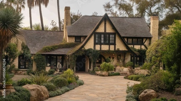 Fototapeta A charming cottage with a stone pathway leading to the front door surrounded by lush greenery.