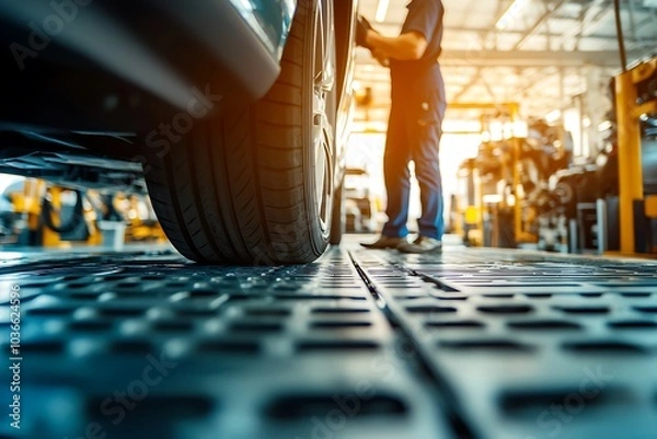 Obraz Mechanic inspects a vehicle on a lift in a busy automotive workshop during daylight hours