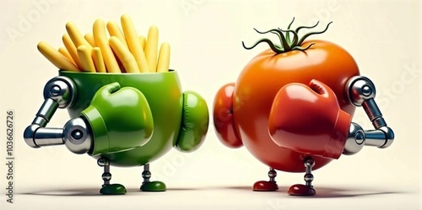 Fototapeta An illustration of a fighting match between a fresh healthy food and junk food. Each is equipped with mechanical arms, ending in boxing gloves