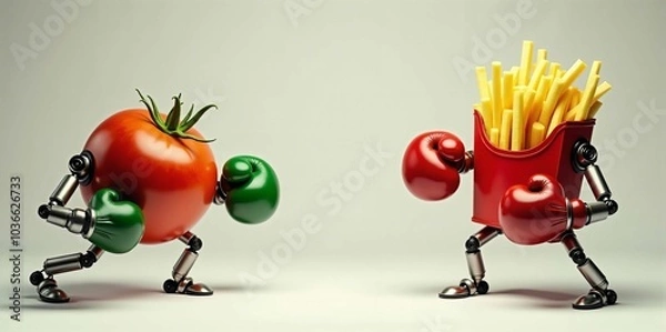 Fototapeta An illustration of a fighting match between a fresh healthy food and junk food. Each is equipped with mechanical arms, ending in boxing gloves