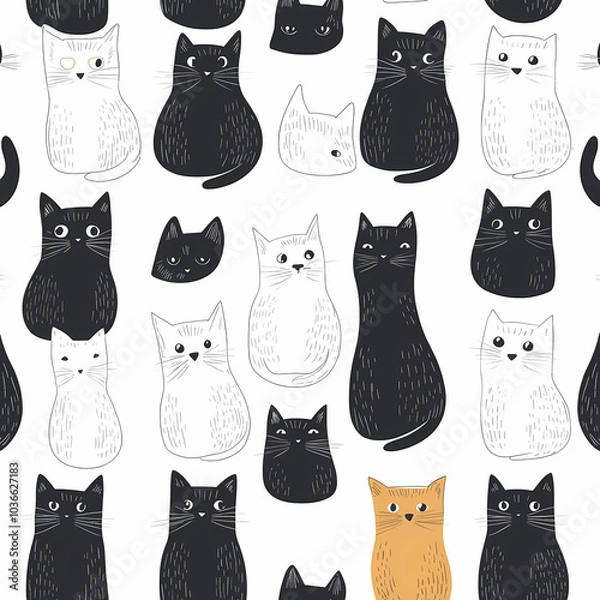 Fototapeta Seamless pattern with cute fashionable cats. Vector graphics.