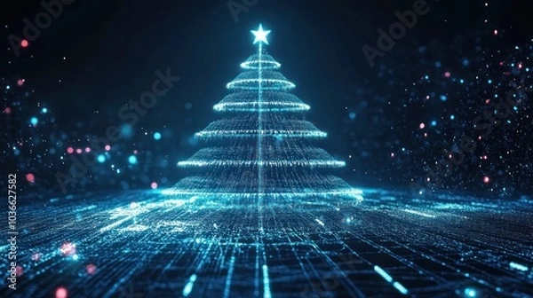Fototapeta Glowing digital Christmas tree on tech-inspired landscape