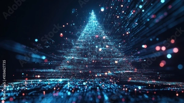 Fototapeta Futuristic digital Christmas tree catching blue light