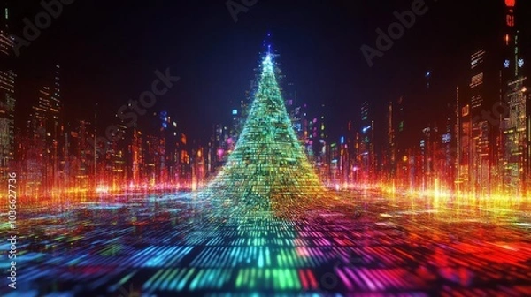 Fototapeta Vibrant digital holiday tree in a colorful cityscape