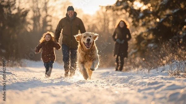 Fototapeta family with their golden retriever dog running in the snow