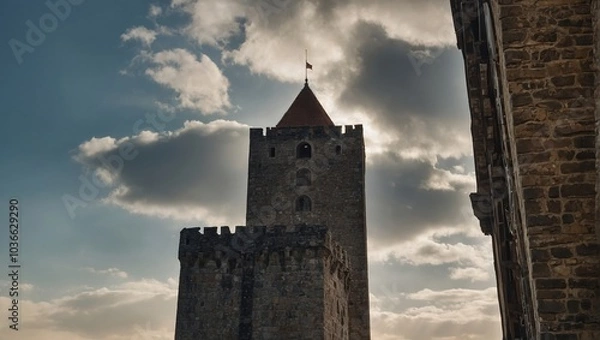 Fototapeta The archer tower is surrounded by vibrant city life
