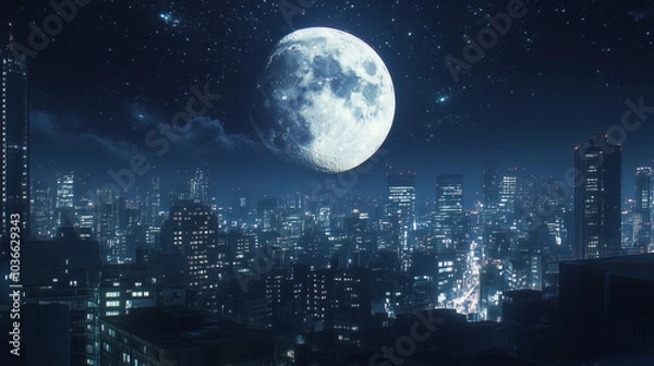 Fototapeta Stunning supermoon shining brightly over a bustling city skyline, twinkling building lights under a starry night sky, with a wild wolf howling in the foreground. 