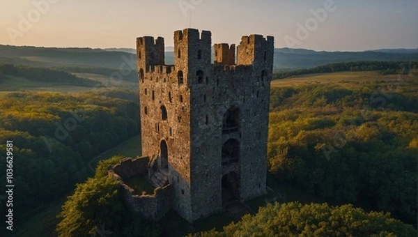 Fototapeta The archer tower is surrounded by vibrant gardens of colorful flowers
