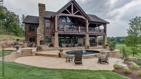 Obraz A large, luxurious cabin with a swimming pool, patio, stone fireplace, and a beautiful view of the green valley.