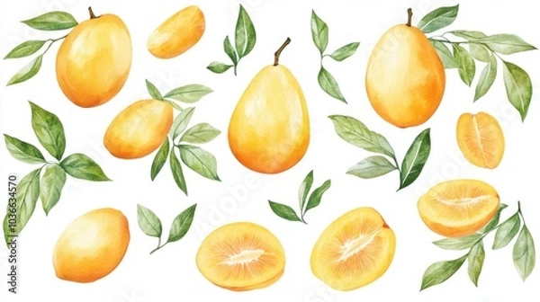 Fototapeta Vivid watercolor collection of mangoes with green leaves and sliced segments, beautifully illustrated for use as botanical clipart. Perfect for food-related designs and decorative projects.