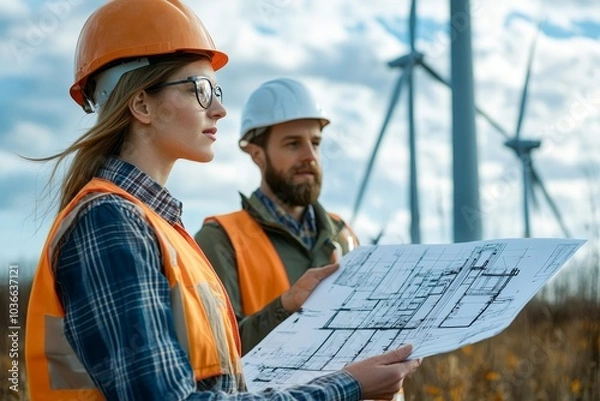 Obraz Design professionals working with wind turbine blueprints, Generative AI