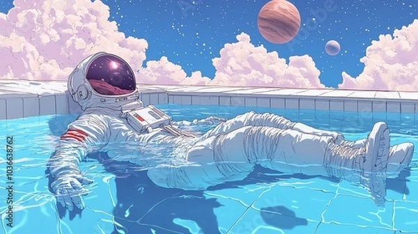 Fototapeta A dreamy scene of an astronaut relaxing in a pool under a cosmic sky, surrounded by planets and fluffy clouds, blending reality and imagination.
