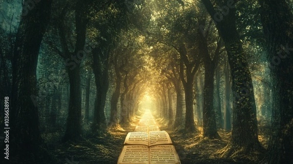 Obraz An open book lies on a path leading into a magical forest.