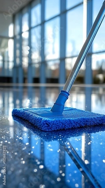 Fototapeta A close-up of a blue mop cleaning a shiny floor, showcasing cleanliness and hygiene in a modern environment.