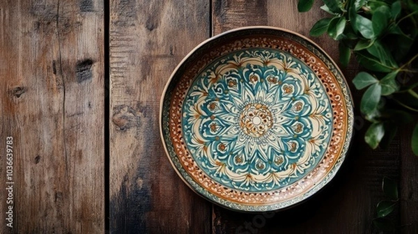 Fototapeta An overhead view of a stunning ceramic plate with an intricate design on a weathered wooden table, capturing timeless elegance