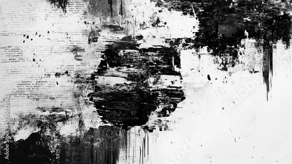 Fototapeta Black and white grunge texture with paint strokes and drips on white paper.