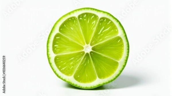Fototapeta Vibrant Cross Section Slice of Lime With Vivid Green Tones and Translucent Flesh on Isolated White Background
