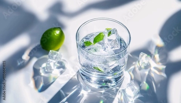 Fototapeta A Crystal-Clear Glass of Lime Water with Ice