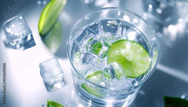 Fototapeta A Crystal-Clear Glass of Lime Water with Ice