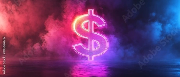 Fototapeta Vibrant neon dollar sign illuminated against a colorful foggy background, symbolizing wealth and financial success.