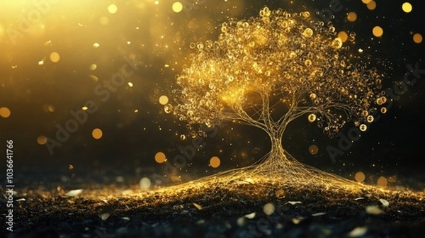 Obraz A business graphic tree with golden lines forming the trunk, branching into circles that symbolize profits, representing growth and financial success