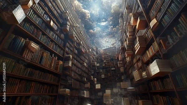 Fototapeta Bookshelves stretching up into the sky, with books falling off the shelves, creating a surreal, fantastical, and magical scene.