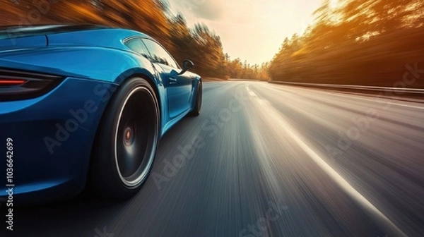 Fototapeta Blue sports car speeding down an empty highway with a blur effect