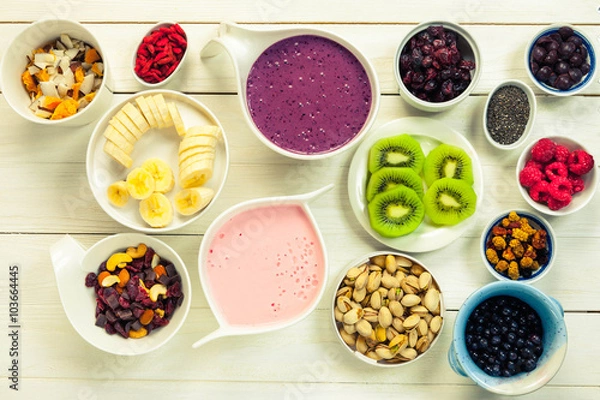Fototapeta Smoothie bowl with superfood ingredients