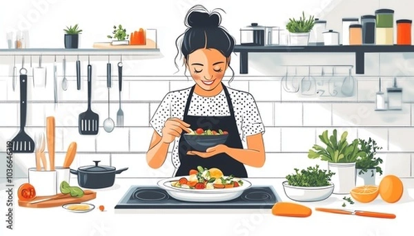 Fototapeta A woman happily preparing a fresh and colorful salad in a modern kitchen, surrounded by healthy ingredients and cooking tools.