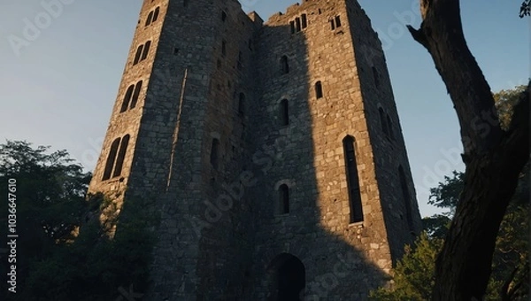 Fototapeta The archer tower rises majestically against the golden sunset