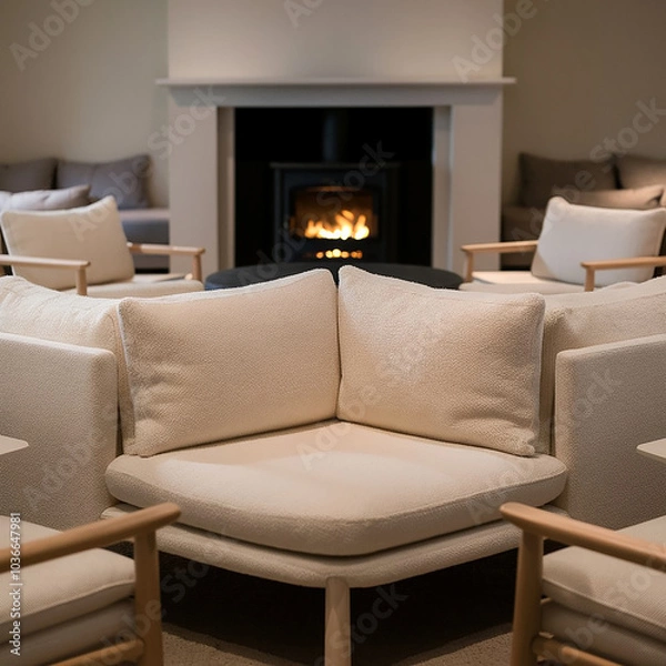 Fototapeta A modern living room in scandinavian style with a fireplace, a large sofa, and a wooden coffee table. The room has a neutral color scheme with warm lighting