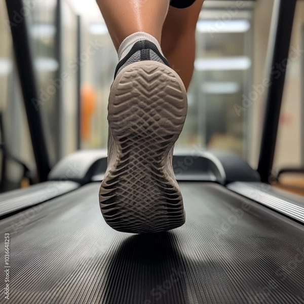 Fototapeta Close-up of a person's foot running on a treadmill, showcasing athletic footwear.