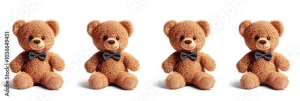 Fototapeta Charming teddy bear adorned with a bow tie, set against a clean white background, perfect for playful and heartwarming themes.