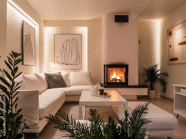 Fototapeta A modern living room in scandinavian style with a fireplace, a large sofa, and a wooden coffee table. The room has a neutral color scheme with warm lighting