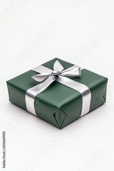 Obraz Elegantly wrapped green gift box with silver ribbon