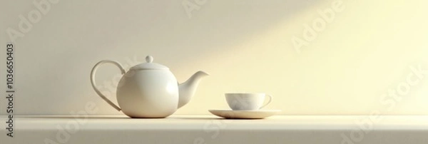 Fototapeta The white tea kettle rests beside an elegant cup on a minimalistic surface, evoking a sense of calm and leisure. Generative AI
