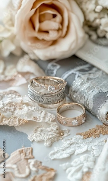 Fototapeta Wedding bands on delicate lace with a rose.