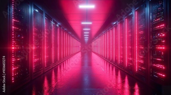 Fototapeta Modern Data Center Infrastructure with Server Racks and Blinking Lights: High-Performance Computing and Data Storage Solutions