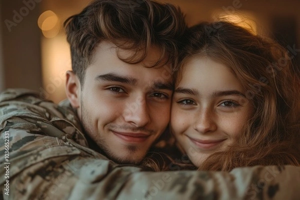 Fototapeta Female soldier reuniting with her family at home, Generative AI