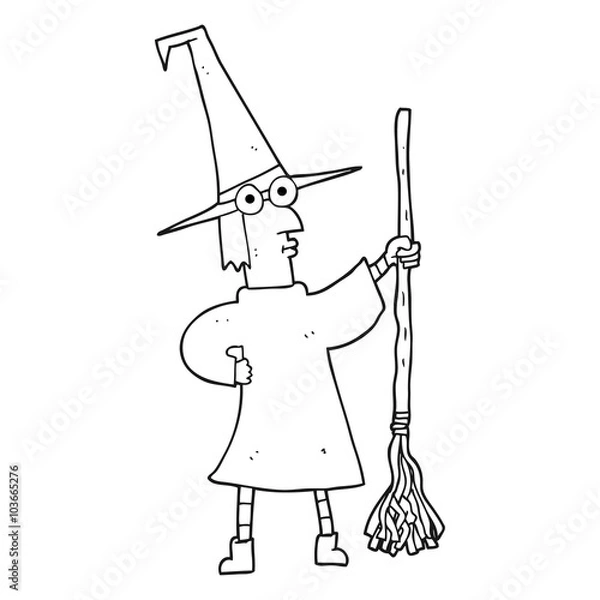 Fototapeta black and white cartoon witch with broom