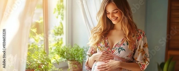 Fototapeta Smiling pregnant woman standing by a window in a rustic setting.