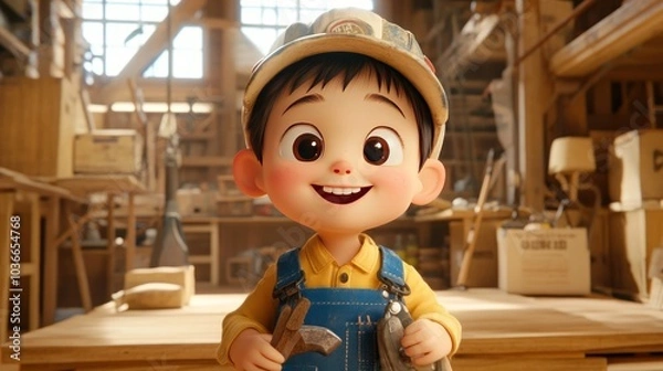 Fototapeta A cheerful cartoon boy in a workshop holding tools, embodying creativity and craftsmanship.