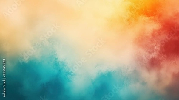 Fototapeta Abstract gradient background with soft light and shadow effects featuring orange, blue, and green colors, blending into a grainy textured surface with rough edges, and incorporating blurred nature sce