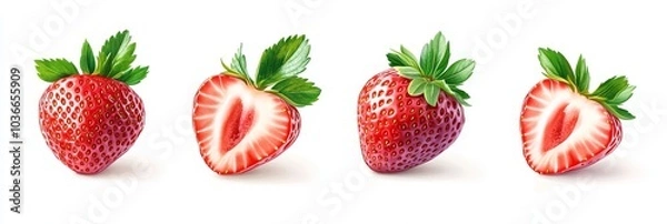 Fototapeta Vibrant strawberry showcasing bright red skin, tiny seeds, and fresh green leaves, isolated against a clean background for emphasis.