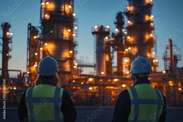 Fototapeta Two workers observing a refinery at dusk, equipped with safety gear and helmets.