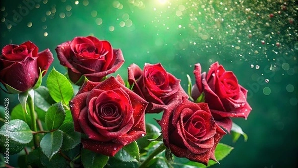 Fototapeta A cluster of velvety crimson roses, glistening with dew drops, against a backdrop of emerald green and shimmering light.