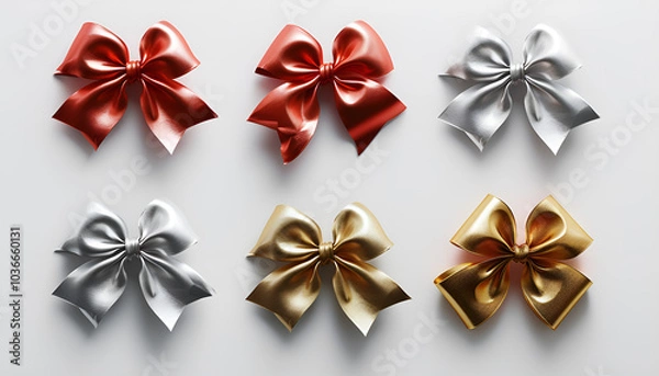 Fototapeta Set of neon foil bows, red, white, gold, silver color metallic with shadow on isolated white background. foil bow, decoration for holiday
