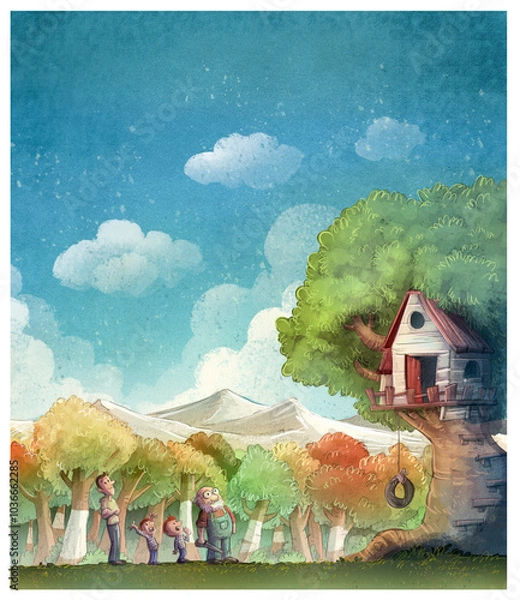 Fototapeta Familia construyendo una casa de madera en lo alto de un árbol